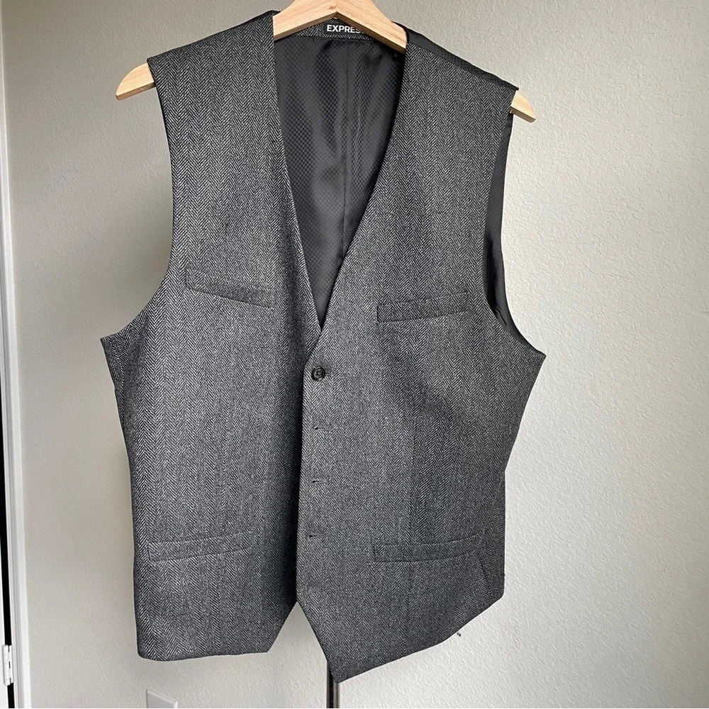 Express Mens Gray Herringbone Wool Blend Suit Vest Waistcoat Size Large Gray